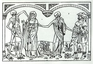 Śmierć zabierająca kapłana i chłopa, z "Danse Macabre", wyd. Paryż, 1485 r.